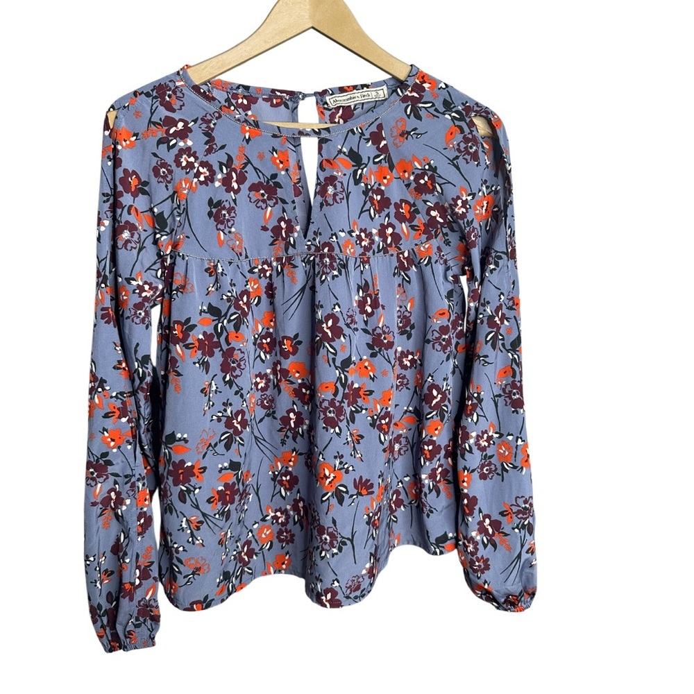Abercrombie & Fitch Blue Floral Long Sleeve Blouse | Keyhole Neck | Boho | Small - Picture 4 of 5